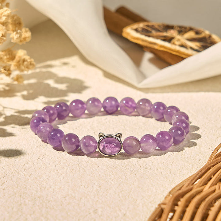 Buddha Stones天然アメジストビーズかわいい猫のヒーリングブレスレット - image 2