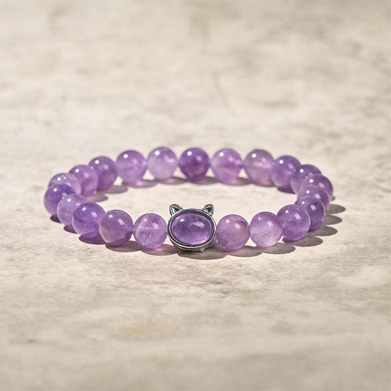 Buddha Stones天然アメジストビーズかわいい猫のヒーリングブレスレット - image 3