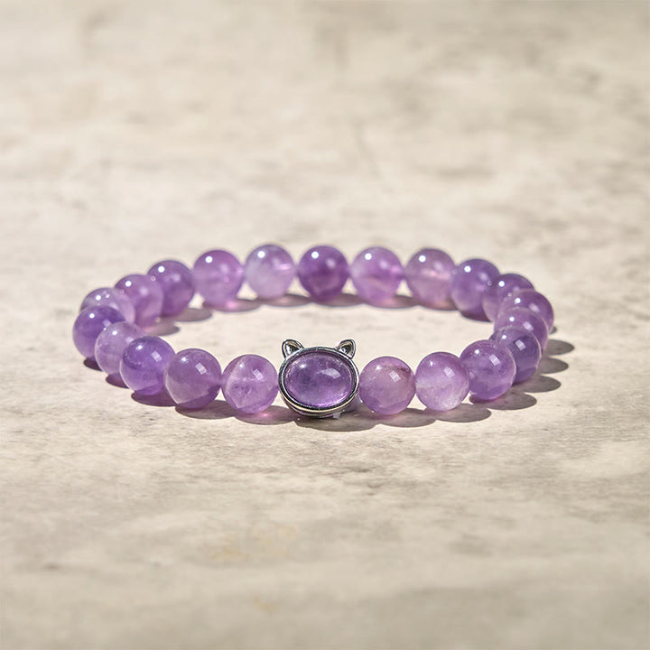 Buddha Stones天然アメジストビーズかわいい猫のヒーリングブレスレット - image 3