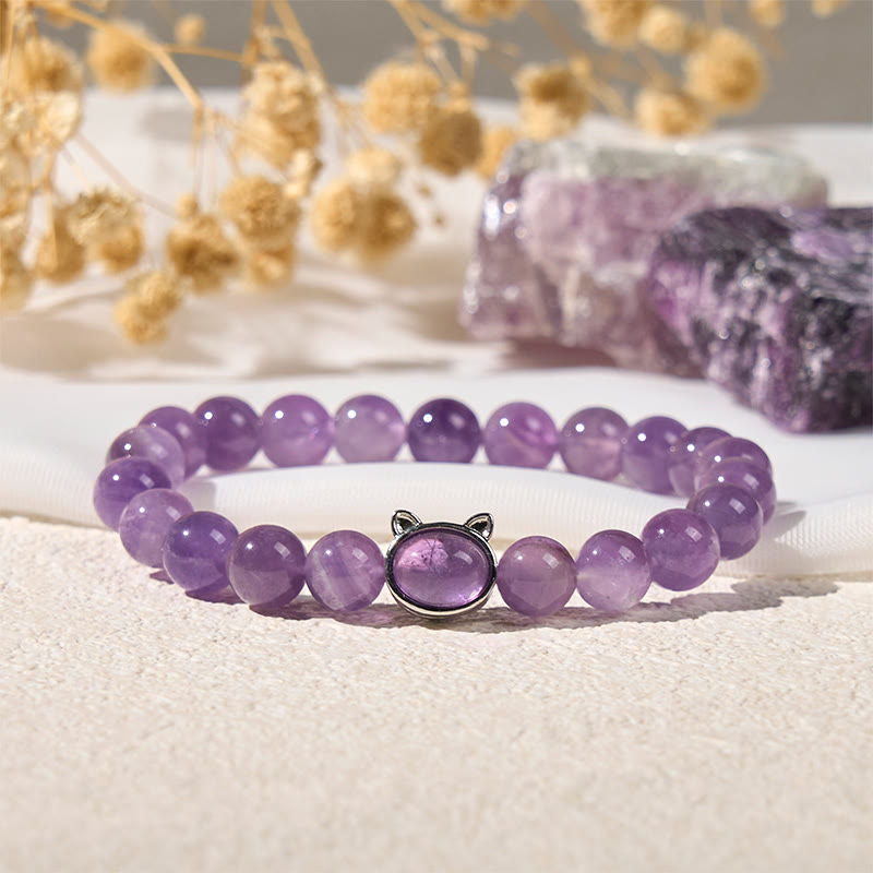 Buddha Stones天然アメジストビーズかわいい猫のヒーリングブレスレット - アメジスト（手首周り：14～16cm） - image 1