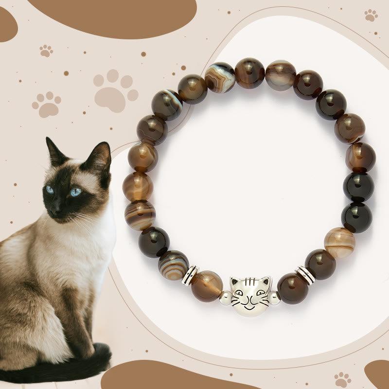 Buddha Stonesチョコレートシャム猫 ナチュラルブラウンストライプアゲートビーズ スタビリティブレスレット - ブラウンストライプアゲート（手首周り：15～18.5cm） - image 0