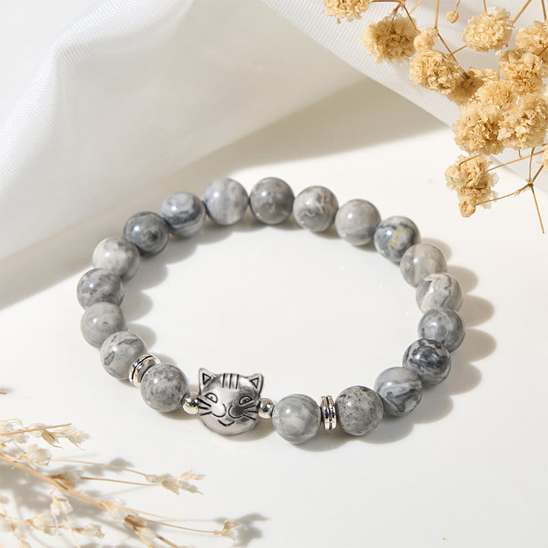 Buddha Stonesかわいい猫 天然グレージャスパービーズ ヒーリングブレスレット - グレージャスパー（手首周り：16～19cm） - image 1