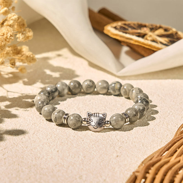 Buddha Stonesかわいい猫 天然グレージャスパービーズ ヒーリングブレスレット - グレージャスパー（手首周り：16～19cm） - image 1