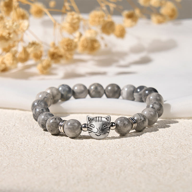 Buddha Stonesかわいい猫 天然グレージャスパービーズ ヒーリングブレスレット - image 2