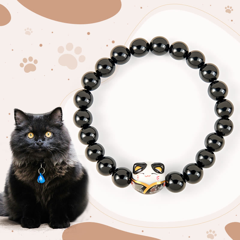 Buddha Stones黒猫 天然ブラックオニキス セラミック 子猫幸運繁栄ブレスレット - ブラックオニキス（手首周り：15～16cm） - image 0