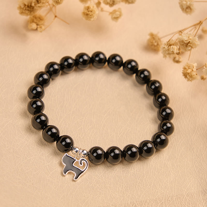 Buddha Stones 925スターリングシルバー 子猫チャーム 黒猫 天然ブラックオニキス守護ブレスレット - image 2