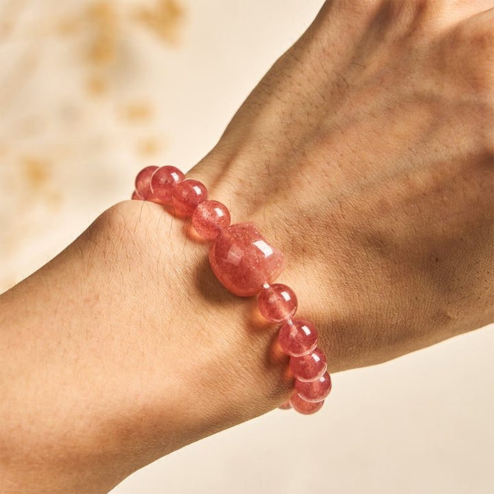 Buddha Stones天然ストロベリークォーツ 猫の癒し幸運を呼ぶブレスレット - image 3