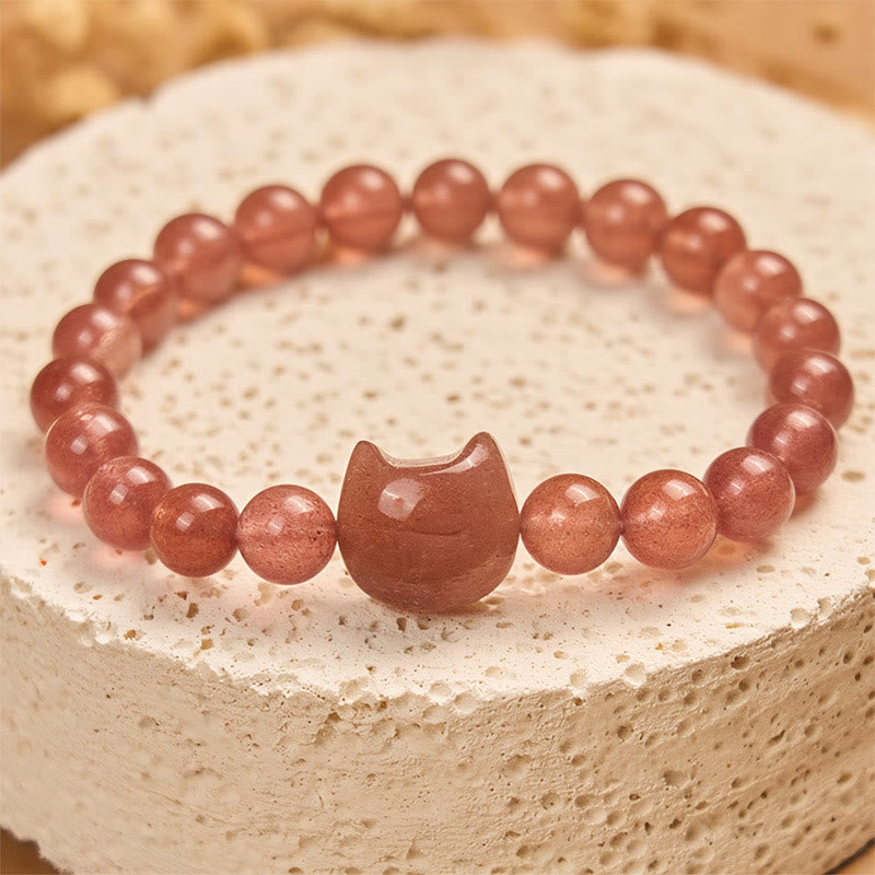 Buddha Stones天然ストロベリークォーツ 猫の癒し幸運を呼ぶブレスレット - image 1