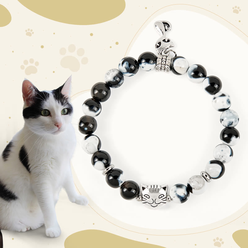 Buddha Stonesの黒と白の猫のファイヤーアゲートビーズラブブレスレット - 白黒猫（手首周り15～16cm） - image 1