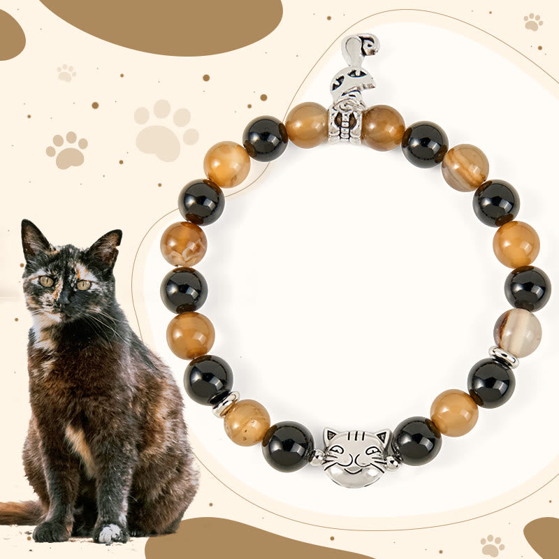 Buddha Stonesべっ甲猫 ライトブラウン ストライプアゲート ブラックオニキス守護ブレスレット - 三毛猫（手首周り15～16cm） - image 0