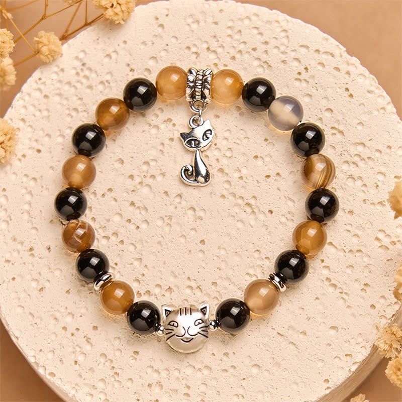 Buddha Stonesべっ甲猫 ライトブラウン ストライプアゲート ブラックオニキス守護ブレスレット - image 1