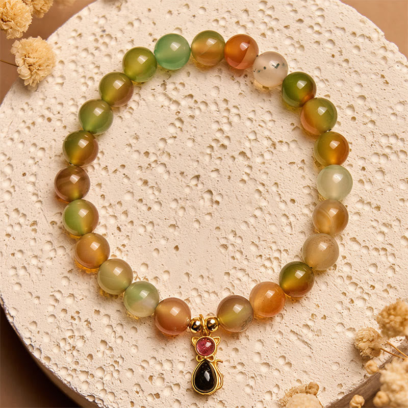 Buddha Stones 925スターリングシルバー トルマリンキャット 天然孔雀瑪瑙 勇気ブレスレット - ピーコックアゲート（手首周り15～16cm） - image 0