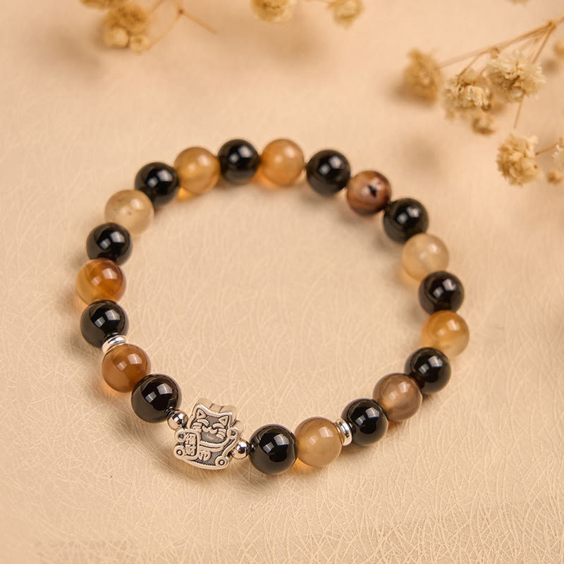 Buddha Stones 925スターリングシルバー べっ甲猫 ライトブラウン ストライプアゲート ブラックオニキス ブレスレット - image 1