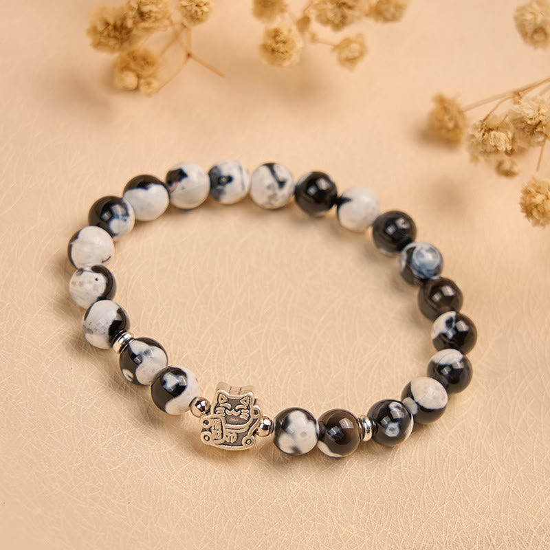 Buddha Stones925 スターリングシルバー 黒と白の猫 ファイヤーアゲート ビーズ ラブブレスレット - image 2