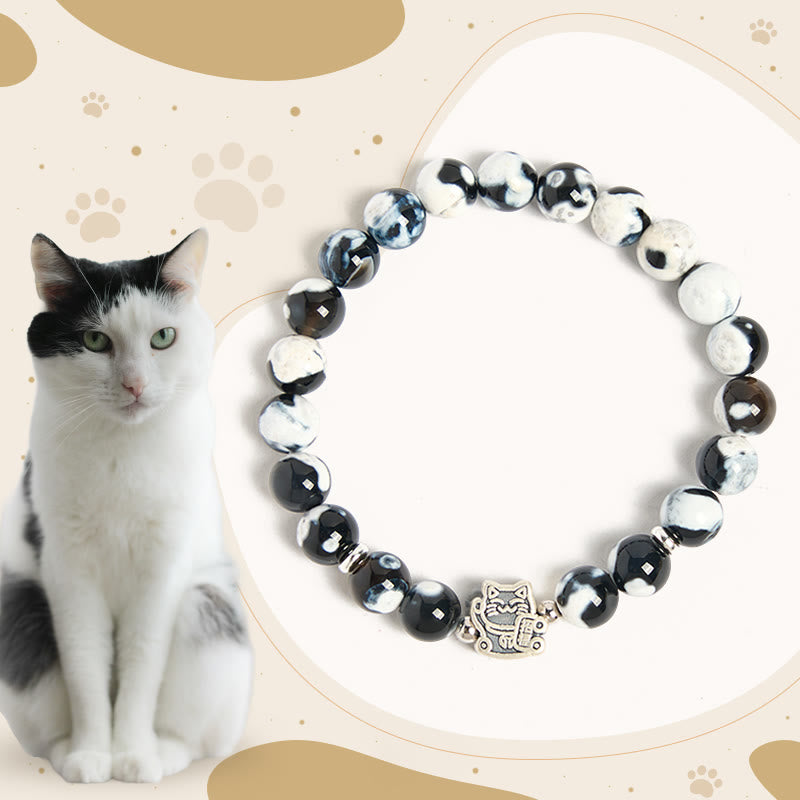 Buddha Stones925 スターリングシルバー 黒と白の猫 ファイヤーアゲート ビーズ ラブブレスレット - 白黒猫（手首周り15～16cm） - image 1
