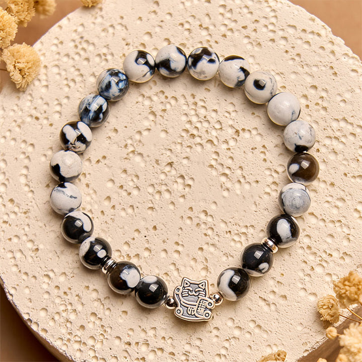 Buddha Stones925 スターリングシルバー 黒と白の猫 ファイヤーアゲート ビーズ ラブブレスレット - image 2