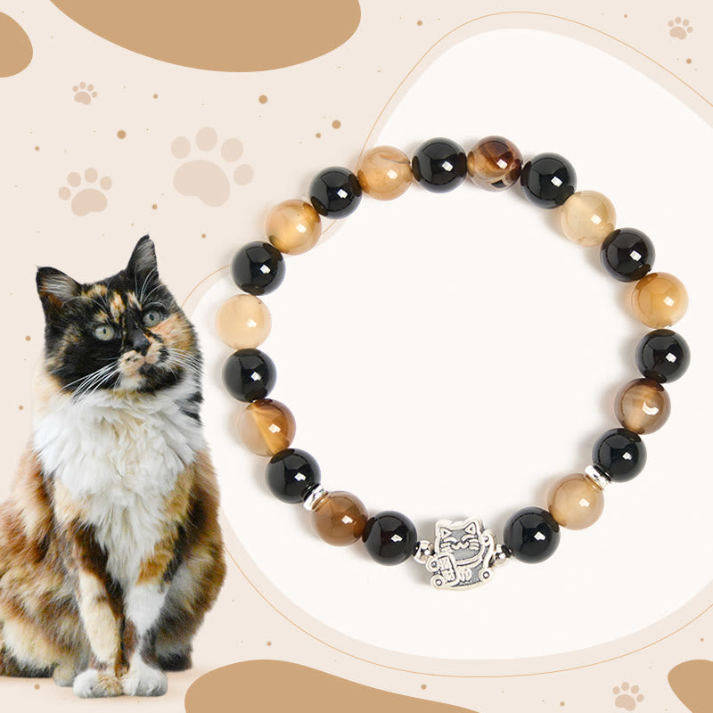 Buddha Stones 925スターリングシルバー べっ甲猫 ライトブラウン ストライプアゲート ブラックオニキス ブレスレット - 三毛猫（手首周り15～16cm） - image 0