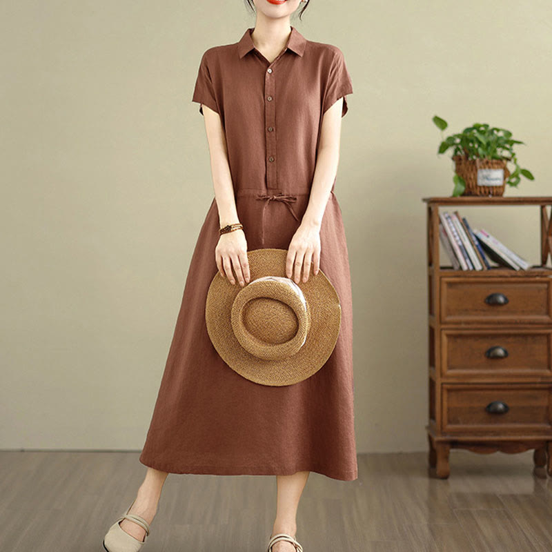 Buddha Stonesサマー 無地 半袖 ドローストリング コットンリネン ミディドレス ポケット付き - シエナ - US8-10，UK/AU12-14，EU40-42 (2XL) - image 0