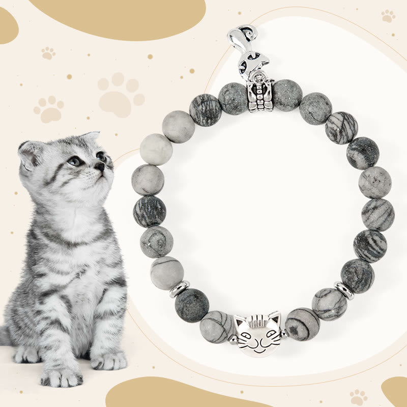 Buddha Stonesグレータビーキャット 天然ブラックベインド強さブレスレット - グレーのトラ猫（手首周囲15～16cm） - image 1