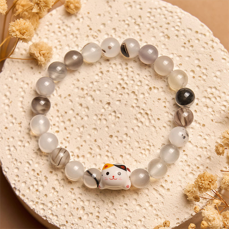 Buddha Stones三毛猫 天然瑪瑙石 セラミック 子猫頭 パワーブレスレット - image 2