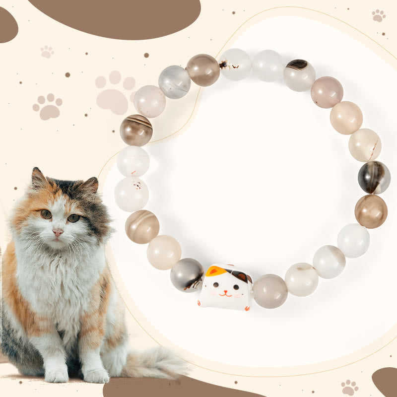 Buddha Stones三毛猫 天然瑪瑙石 セラミック 子猫頭 パワーブレスレット - 三毛猫（手首周り15～16cm） - image 1