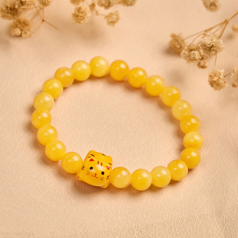 Buddha Stonesオレンジタビーキャット イエローカルセドニー セラミック 子猫 ジョイ ブレスレット - image 2