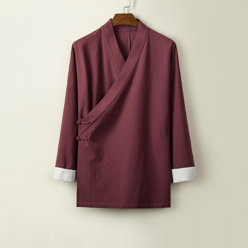 Buddha Stones中国風 カエルボタン 長袖デザイン オープンフロントジャケット メンズ コットンリネン 着物 - ダークレッド - US/UK/AU44、 EU54 (4XL) - image 4