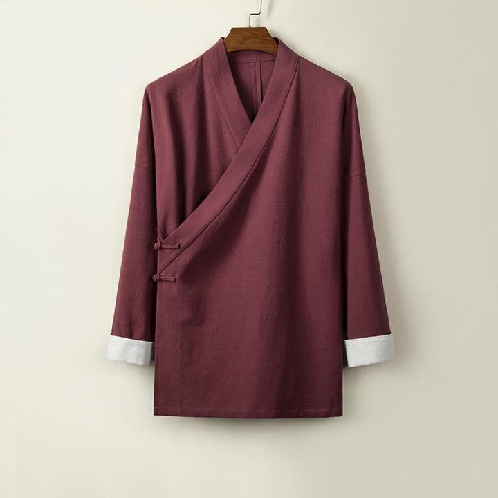 Buddha Stones中国風 カエルボタン 長袖デザイン オープンフロントジャケット メンズ コットンリネン 着物 - ダークレッド - US/UK/AU44、 EU54 (4XL) - image 4