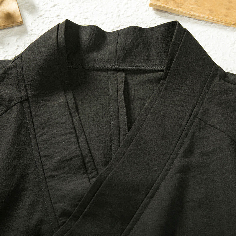 Buddha Stonesレースアップデザインオープンフロントジャケットメンズコットンリネン長袖着物 - image 2