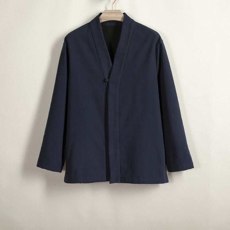 Buddha Stonesメンズ 長袖 フロッグボタン オープンフロント フリース裏地 コットンリネンジャケット 着物 - ミッドナイトブルー - US/UK/AU44、 EU54 (4XL) - image 0