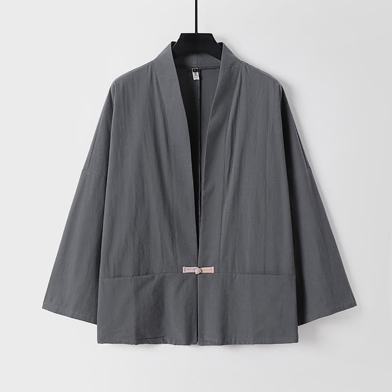 Buddha Stonesの長袖ボタンデザインメンズオープンフロントコットンリネンジャケット着物ポケット付き - ディムグレー - US/UK/AU54、 EU64 (9XL) - image 0