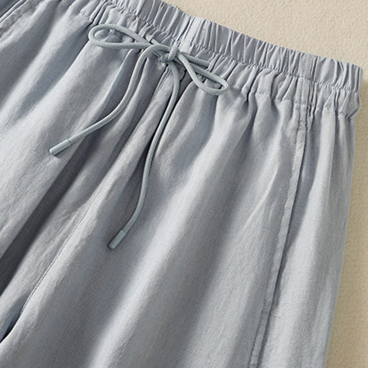 Buddha Stones通勤用 無地デザイン ドローストリング コットンリネン レディース ワイドレッグパンツ ポケット付き - image 3