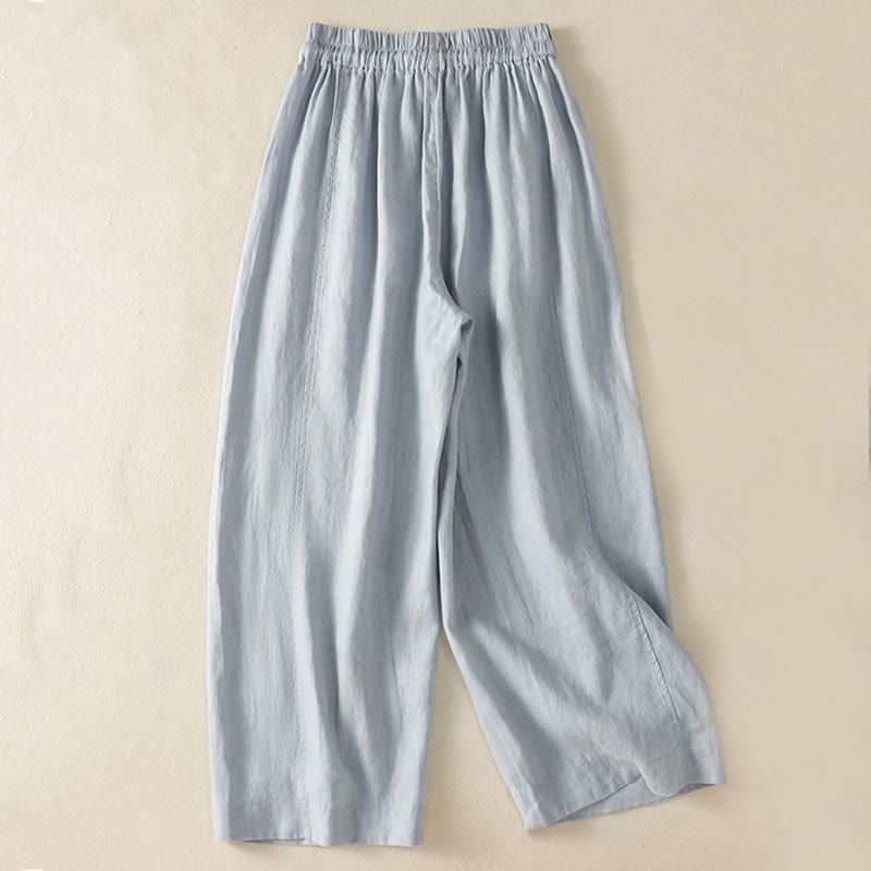 Buddha Stones通勤用 無地デザイン ドローストリング コットンリネン レディース ワイドレッグパンツ ポケット付き - image 1