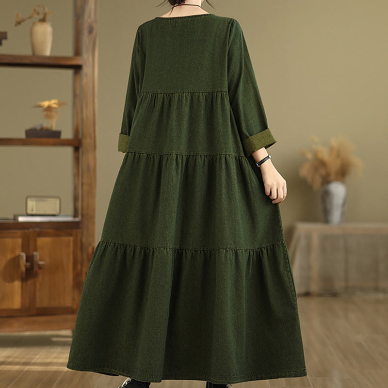 Buddha Stones DarkOliveGreen パッチワーク 長袖デザイン コットン レディース マキシドレス ポケット付き - image 4