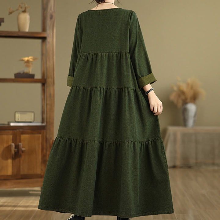 Buddha Stones DarkOliveGreen パッチワーク 長袖デザイン コットン レディース マキシドレス ポケット付き - image 4