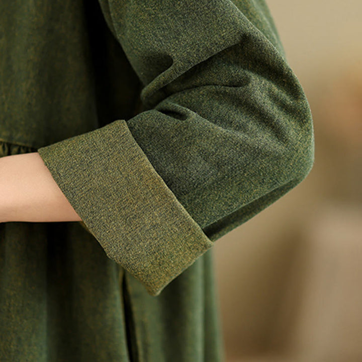 Buddha Stones DarkOliveGreen パッチワーク 長袖デザイン コットン レディース マキシドレス ポケット付き - image 9