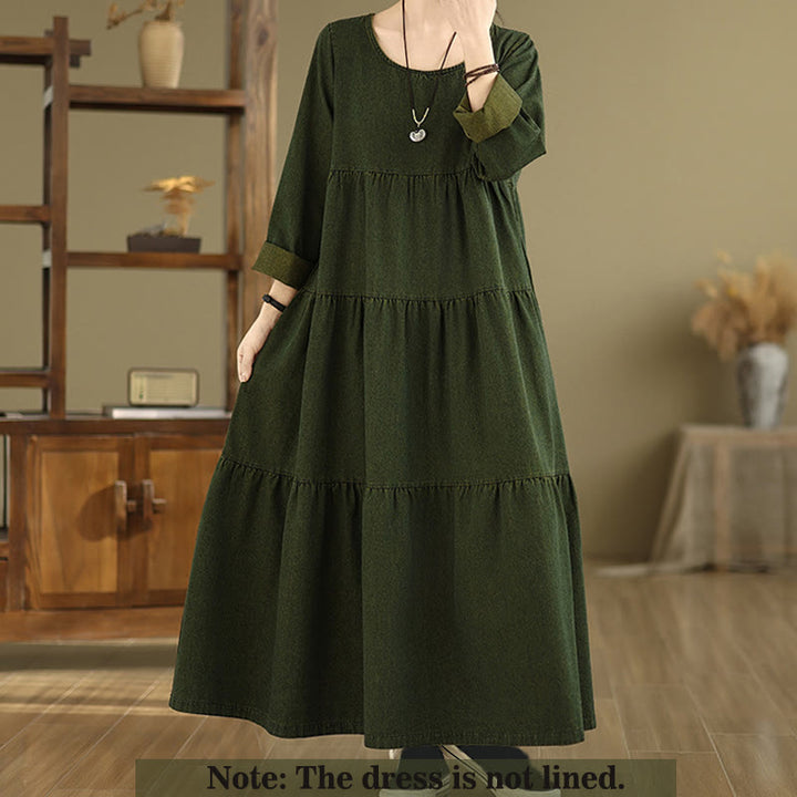 Buddha Stones DarkOliveGreen パッチワーク 長袖デザイン コットン レディース マキシドレス ポケット付き - image 1