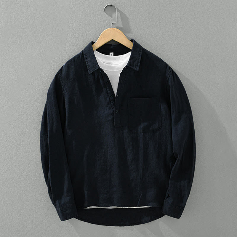 Buddha Stones無地 ゆったり 長袖 ハーフボタン シャツ リネン メンズ 服 - image 13