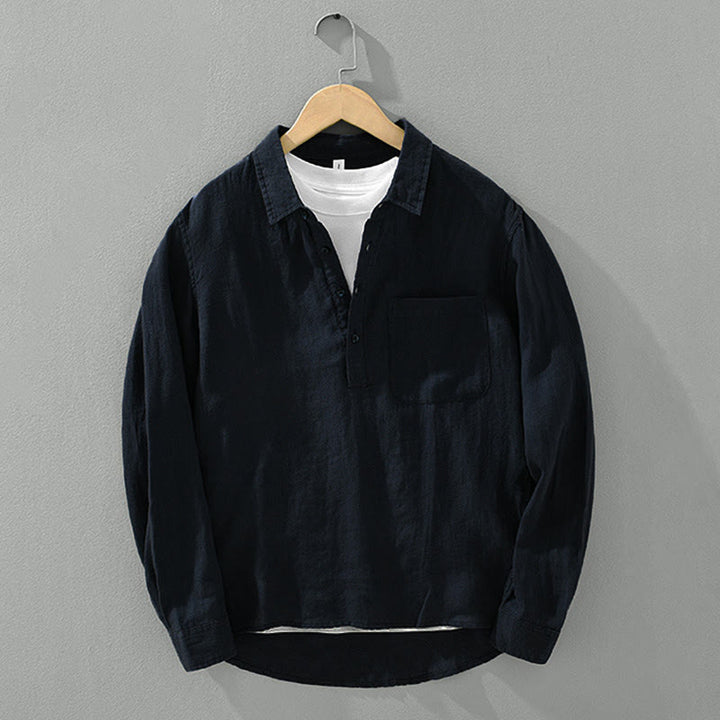 Buddha Stones無地 ゆったり 長袖 ハーフボタン シャツ リネン メンズ 服 - image 13