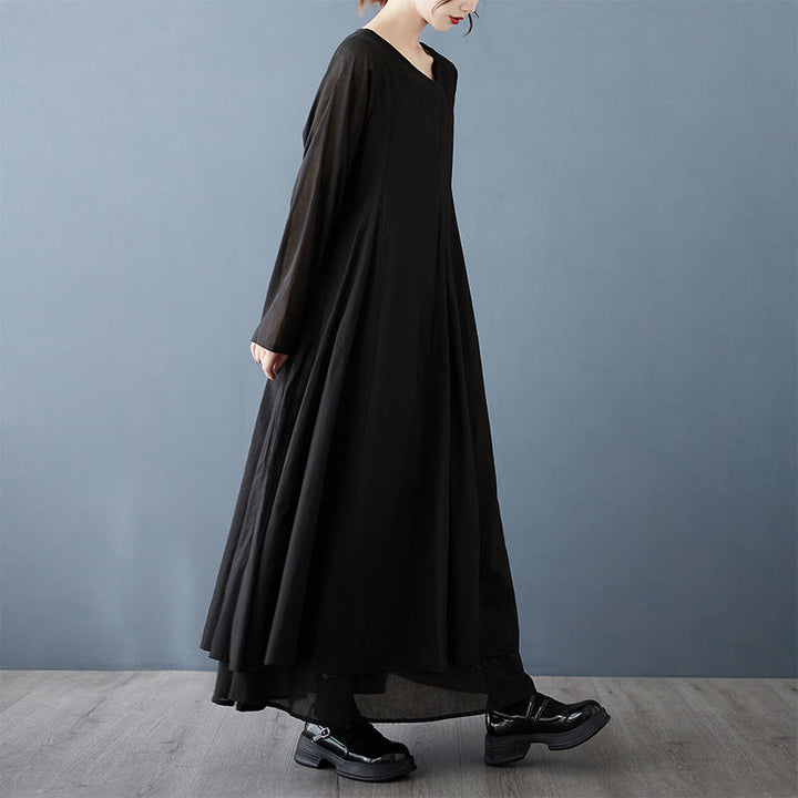 Buddha Stonesスプリング ダブルレイヤーデザイン コットン ロングスリーブ レディース ミディドレス - 黒 - US12、 UK/AU16、 EU44 (2XL) - image 3