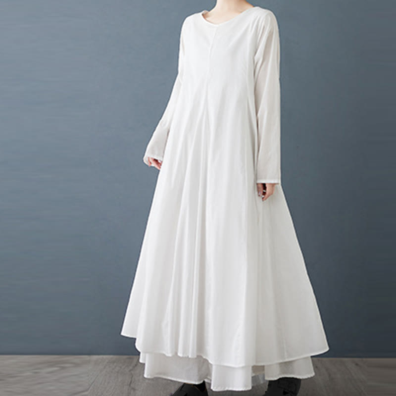 Buddha Stonesスプリング ダブルレイヤーデザイン コットン ロングスリーブ レディース ミディドレス - image 1