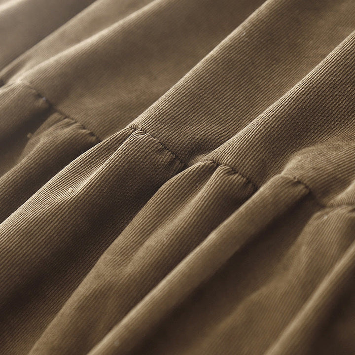 Buddha Stonesボタンデザインコーデュロイピーターパンカラーロングスリーブミディドレス（ポケット付き） - image 6