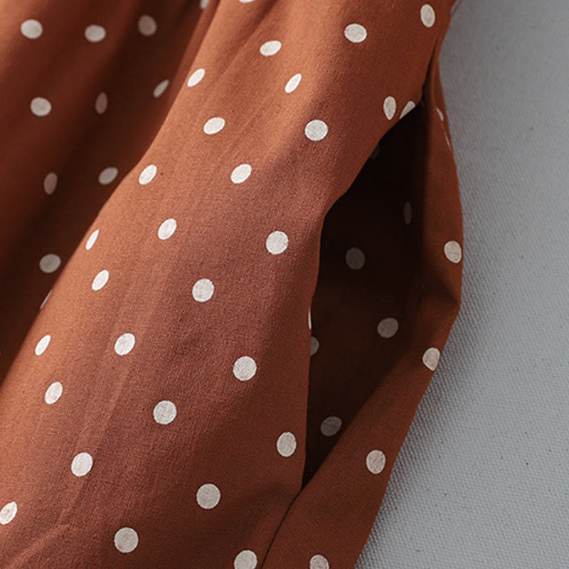 Buddha Stones春のドット柄フリルクルーネック長袖コットンリネンミディドレス ポケット付き - image 6