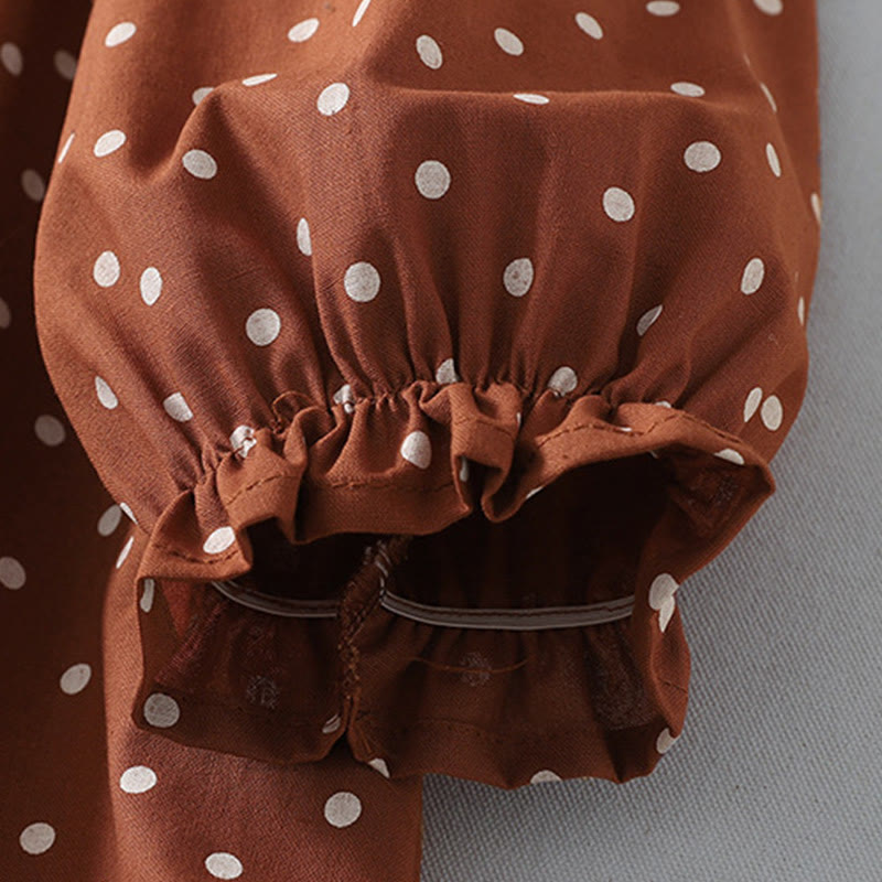 Buddha Stones春のドット柄フリルクルーネック長袖コットンリネンミディドレス ポケット付き - image 5