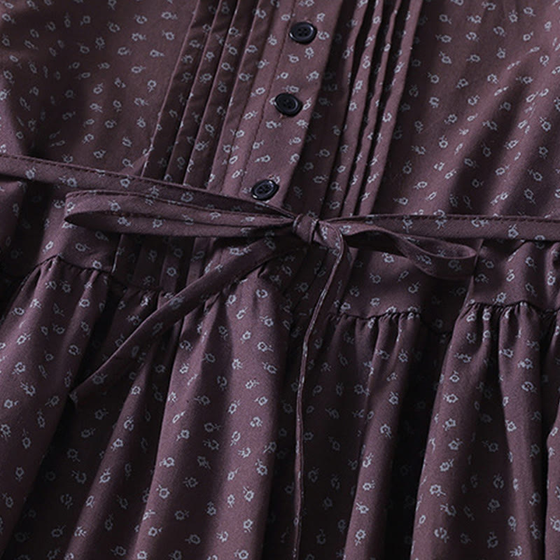 Buddha Stonesプリント花柄アコーディオンプリーツコットンリネン長袖ミディドレス（ポケット付き） - image 10