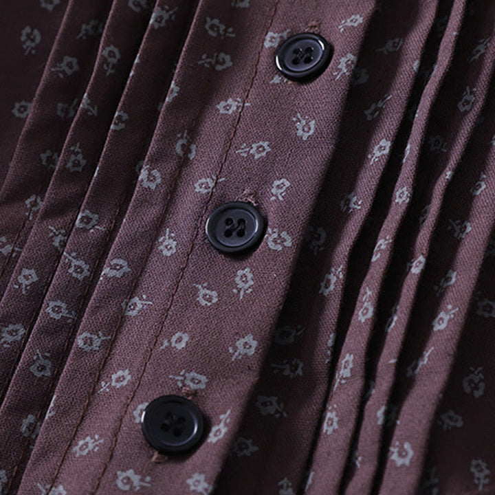 Buddha Stonesプリント花柄アコーディオンプリーツコットンリネン長袖ミディドレス（ポケット付き） - image 11