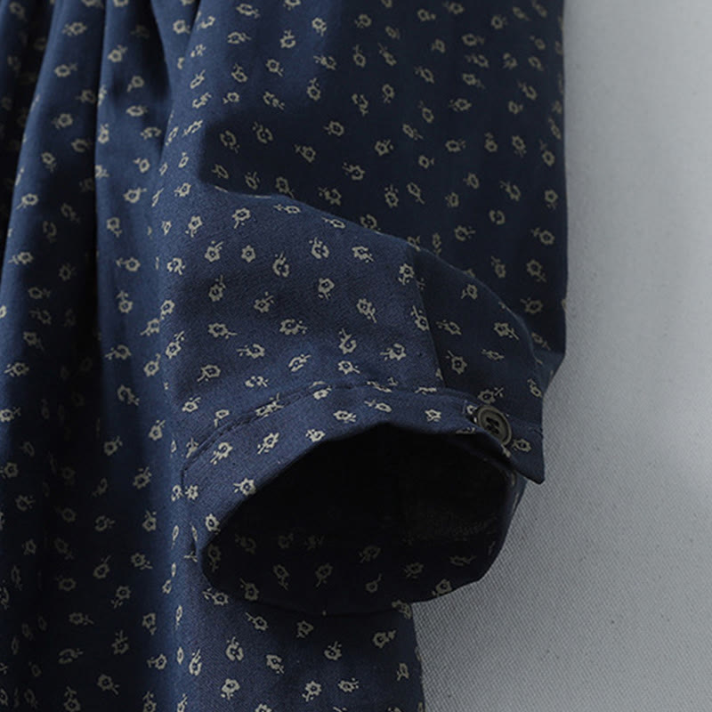 Buddha Stonesプリント花柄アコーディオンプリーツコットンリネン長袖ミディドレス（ポケット付き） - image 4