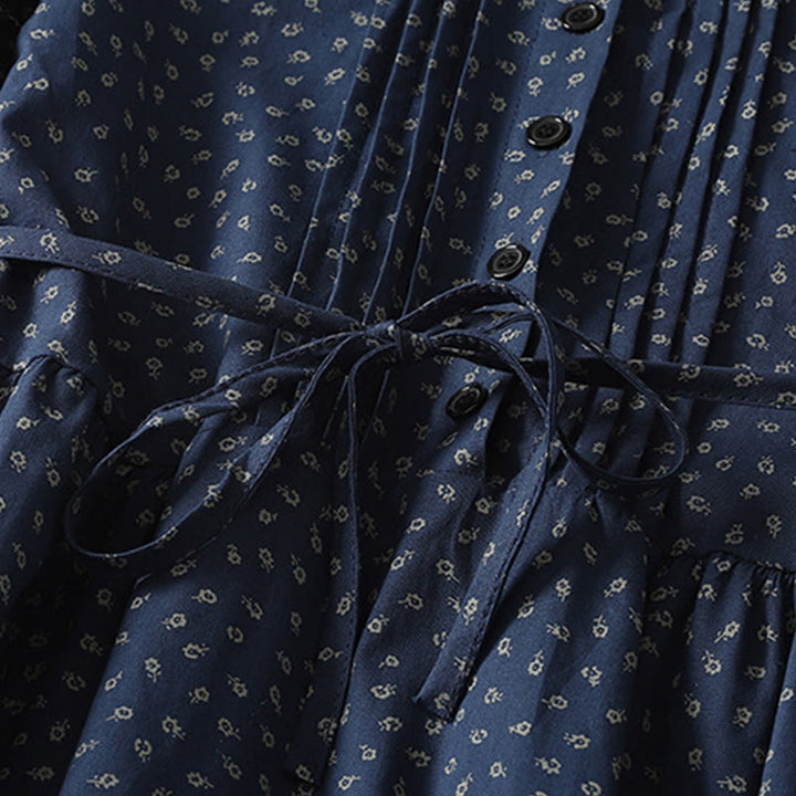 Buddha Stonesプリント花柄アコーディオンプリーツコットンリネン長袖ミディドレス（ポケット付き） - image 3