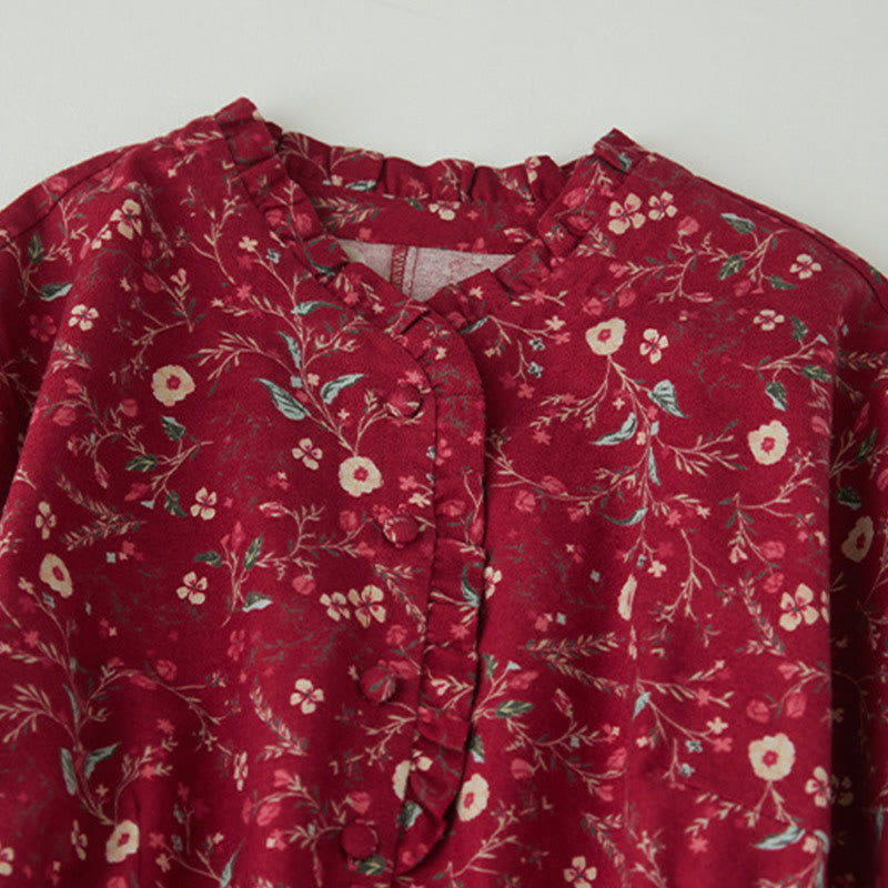 Buddha Stonesエスニックプリント 花柄 レースアップデザイン 長袖 コットンリネン ミディドレス - image 10