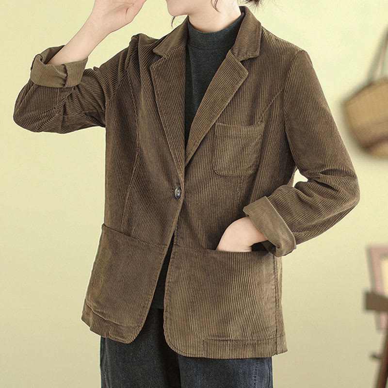 Buddha Stonesレトロプレーン レディース 長袖コーデュロイジャケット ポケット付き - image 1